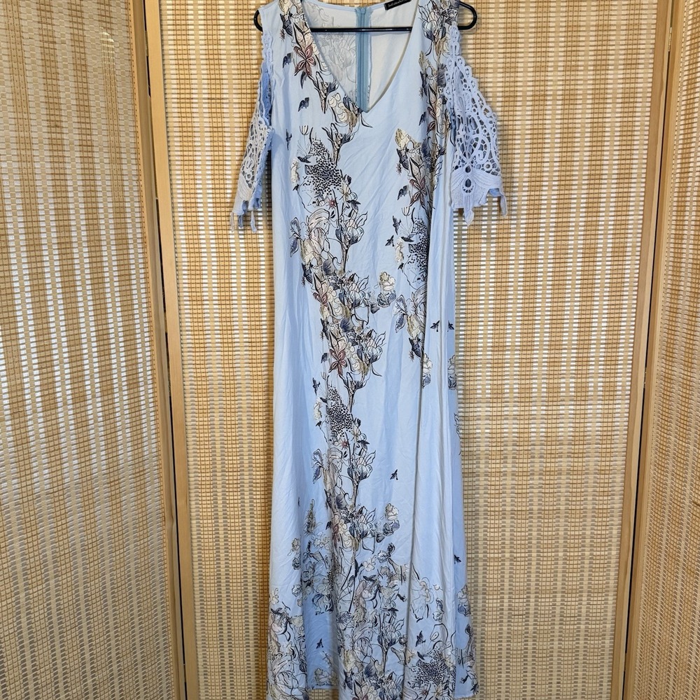 JustFashionNow Womens XL Blue Floral Print Cold Shoulder Maxi‎ Dress Cottagecore